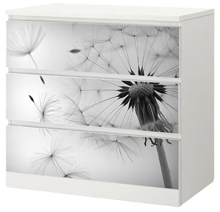 Sunnywall® Möbelfolie passend für IKEA Malm Kommode Schrankfolie Aufkleber mit Pusteblume mit weissem Hintergrund Motiv | blasenfrei verkleben | Wohnzimmer 3er 80 cm