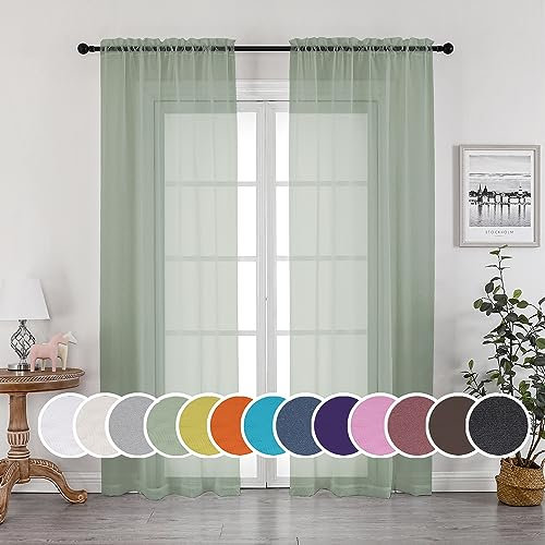 OWENIE Sheer Curtains 90 Inches Long 2 Panels Set, Sage Green Sheer Curtains Rod Pocket Voile Drapes for Living Room, Airy Soft-Touching Drapes, 2 PCS Panels, Each 42 W x 90 L Inch