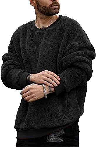 Runcati Herren Plüsch Pullover Teddy-Fleece Oberteile Oversize Sweatshirt Fuzzy Plüsch Teddy Pulli Tops für Herbst Winter Schwarz XXL