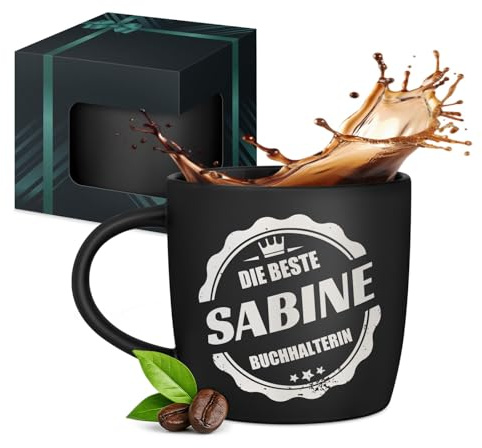 Maverton Keramik Kaffeebecher 400ml mit Gravur - personalisierte Kaffeetasse aus Matt Keramik mit Henkel für Frauen zum Geburtstag zu Weihnachten - Trinkbecher matt schwarz - Innen schwarz - Krone