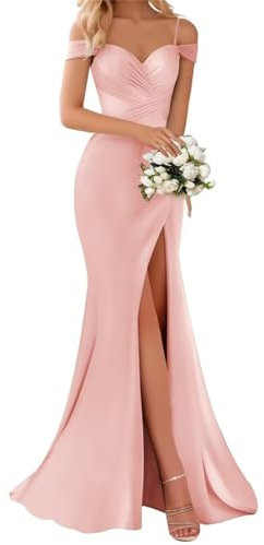 WSEYU Abiti da damigella d'onore con spalle scoperte Abito da sera formale a sirena plissettato con fessura, Rosa cipria, 34