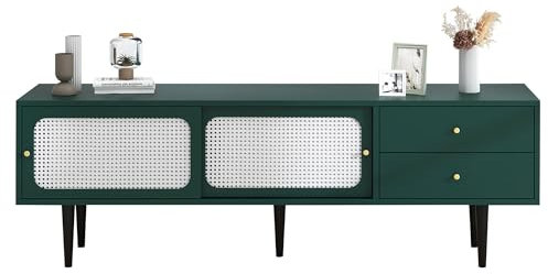 IDEASY TV-Schrank, Lowboard-TV-Tisch mit 2 verstellbaren Einlegeböden, 2 Kunststoff-Rattan-Schiebetüren und 2 praktischen Schubladen, TV-Ständer für Wohnzimmer/Schlafzimmer, 160x40x60cm, Grün