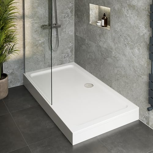 Hydrolux® 1600 x 700 x 140mm White Bathroom Shower Tray for Enclosures Cubicles & Wet Room with Chrome Waste + Riser Kit, Rectangular