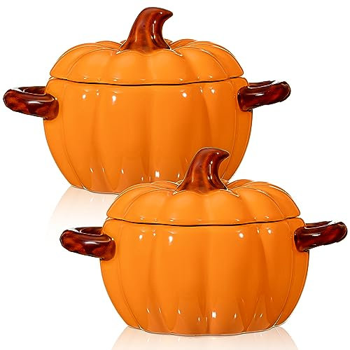 Uiifan 2 Pcs Pumpkin Bowl Ceramic Pumpkin Dish 54 oz Casserole Cookware Pumpkin Pot for Cooking Cute Safe Oven Pot with Lid Double Ear for Thanksgiving Autumn Fall Baking Halloween (Orange)