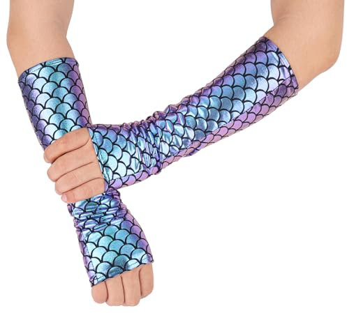 Mikovivi Meerjungfrau-Handschuhe, 29,5 cm Lange Fischschuppen-Handschuhe Glitzernde Meerjungfrau-Armstulpe Fingerlose Handschuhe für Frauen Lange Rave-Handschuhe für Cosplay (Fantasie-Lila)