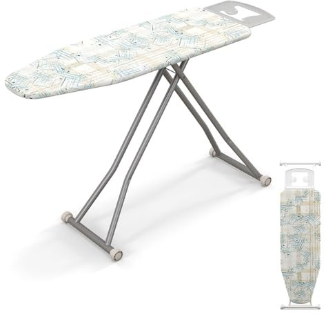 COSTWAY Tabla de Planchar Plegable, Tabla Planchar de Acero con Soporte para Plancha, 7 Niveles de Altura y Cubierta Resistente al Calor,Plegable para Hogar (Rayas,144 x 42 x 61-79 cm)