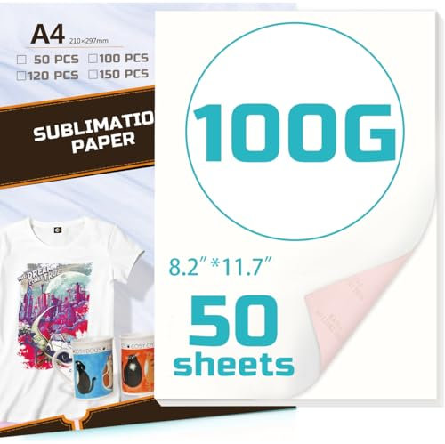 Uadme Papel de Sublimación A4, 210x297 mm, 100 g/m², Papel de Sublimación de Secado Rápido, Papel de Sublimación para Imprimir en Camisetas y Tazas (50)