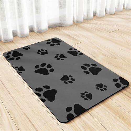 Hearda Futtermatte Hund Saugfähig, Hundepfote Drucken Katzen Futternapf Unterlage Napfunterlage Hund Schnelltrocknend Futternapf Matte rutschfest Haustier Futtermatte (50x70cm,Schwarz)