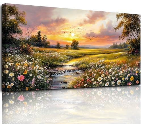 hyidecorart Landschaft Wandbilder Wohnzimmer Wildblumen Gemälde 50x100 cm | Natürliche Landschaften, HD-Druck, Einfach Aufzuhängen, Einfache Montage, Leinwandgewebe, Entspannte Wanddeko, Geschenk