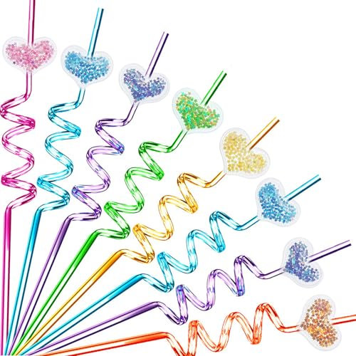 24pcs Glitter Straws for Party Favors, Heart Shaped Sparkly Straws, Reusable Drinking Plastic Straws for Kids Party Supplies Gifts Bags, for Princess Theme Birthday Party Supplies