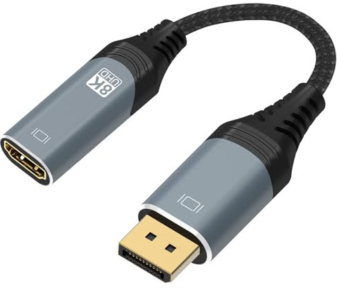 ConnBull Câble DisplayPort vers HDMI 8K, DP 1.4 Mâle à HDMI 2.1 Femelle Adaptateur Câble Convertisseur Supporte 8K@60Hz/4K@120Hz pour Moniteur, Projecteur, Ordinateur, TV, AMD, NVIDIA, etc., 0.25m