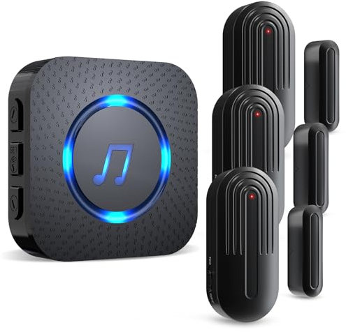 SANJIE Wireless Door Alarm Sensor Chime for Home Business Shop Office When Entering,Shop Entry Alarm, 800FT Long Range,55 Ringtones 5 Volume Level,1 UK Plug in Receivers 3 Sensor,Black