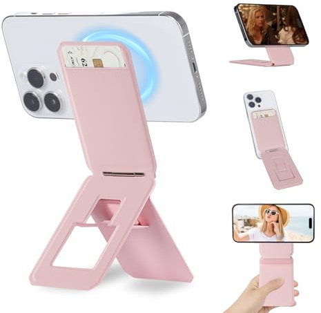 iontech Phone Stand Tripod Wallet Compatible with MagSafe iPhone 16/15/14/13/12 Series, 3 in 1 Strong Magnetic Phone Holder, PU Leather Wallet, Lightweight & Adjustable Cell Phone Stand (Pink)