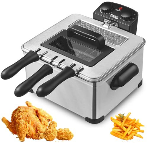 Friteuse électrique Facile à Nettoyer, friteuse 5 litres avec 3 paniers à friture, minuterie de 60 Minutes et réglage de la température de 130 à 190 ℃, friteuse à Huile Amovible en Acier inoxydabl