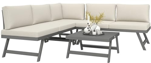 Outsunny 4-teilige Eck- und Wandelgarnitur mit 2 Sitzbänken, 1 Ecksessel und 1 Couchtisch, Aluminium und Metall, beige