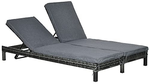 Outsunny Bain de Soleil transat 2 Places Dossier inclinable Multi-Positions, Matelas fournis Grand Confort, résine tressée Gris