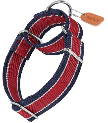 Axdvk Martingale Halsband für Hunde-4 cm Breites, 1600D Hochfestes Ausbruchssicheres Nylon-Halsband mit 3-Farben Streifen-Zugfest & Langlebig für Mittelgroße bis Sehr Große Hunde M, Rot & Marineblau