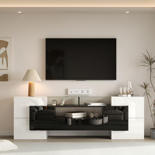 Elegante mobile TV a pannello basso bianco lucido e nero 200 cm illuminazione a LED mobili soggiorno design moderno elegante finitura in vetro