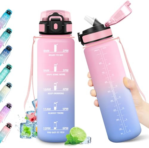 KollyKolla Botella 1L, sin BPA, Garrafa Agua con Marca de Tiempo, con Pajita, Reutilizable, Cantimplora Motivacional, Botella Agua para Deporte, Oficina, Escuela, Bicicleta, Running