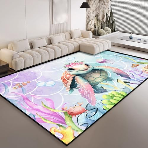 HOSIMA Teppich Mit Cartoon-Schildkröte Unter Dem Meer-Aufdruck,Weiche,rutschfeste Unterseite,Kurze Teppiche für Kinderzimmer,Küche,rutschfeste Bodenmatte,Kurzflorige,Flauschige Matte(160 * 220)