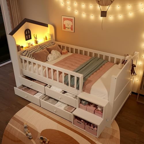 RIAZOS Kinderbett 90x200 cm, Holzbett mit 4 Schubladen, Kopfteil mit Fenster, Bettgestell mit Lattenrost, für Mädchen Jungen, Weiß, ohne Matratze