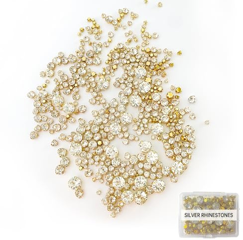 Zzcy 450 Stück Gold Strasssteine zum Aufnähen Glas Strass zum Nähen Basteln Silber Krappenfassung mit 6 Löchern Flacher Rückseite für Hochzeitskleider, Bastelkostüme, Kleidung (7 Größen)