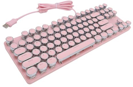 PUSOKEI Typewriter Style Mechanical Gaming Keyboard, Retro Punk Gaming Keyboard with RGB Backlit, Blue Switch, Round Keycaps, 87 Keys USB Wired Keyboards for PC (Rosy)