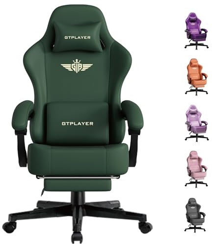 GTPLAYER Gaming Chair, Ergonomic Computer Chair with Footrest and Lumbar Support Height Adjustable Home Office with 360°-Swivel Seat and Headrest Green