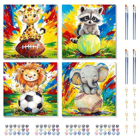 Yaostarart 4 Stück Malen nach Zahlen mit Rahmen,Fußball Rugby Baseball Tennis Malen Nach Zahlen Acrylfarben mit als Geschenk, Mittel 20x20 cm