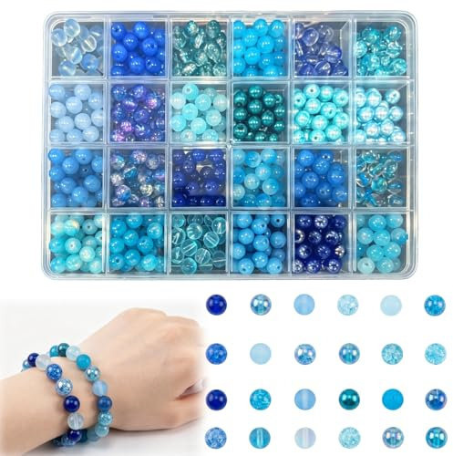 AEMCHDM 400 pcs Cuentas de Cristal, 8 MM Cuentas para Pulseras, 24 Colores Kit de Pulseras, Azul Beads para Abalorios para Hacer Pulseras BisuteríA Manualidades Hacer Pulseras Collares Pendientes