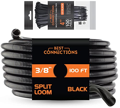 BEST CONNECTIONS Tubo contorneado Flex-Guard de alambre dividido de 100 pies a 3/8 pulgadas de diámetro con 100 bridas de nailon de 4 pulgadas, fundas protectoras para cables divididos, color negro