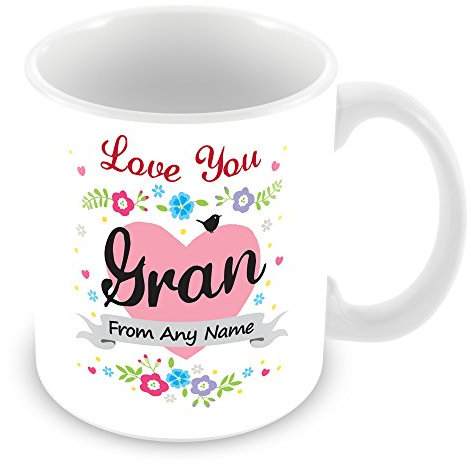 Personalised Mug with Name Gran - Love Heart & Flowers Design Cup