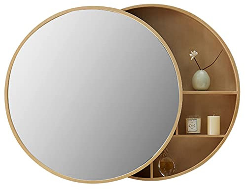 Armoire De Toilette Miroir en Bois Massif avec Étagère Armoire De Maquillage Armoire De Toilette Ronde Murale, Push-Pull Gauche Et Droite (Color : Wood, Size : 60cm/23.6inches)