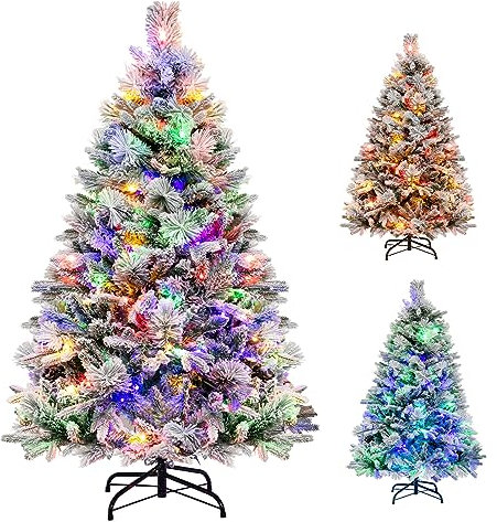 COSTWAY 4.5ft Pre-Lit Snow Flocked Christmas Tree, Hinged Artificial Xmas Tree with 160 Multi-Color LED Lights, 8 Lighting Modes, 472 Branch Tips, Pine Needles and Cones, Holiday Office Home Décor