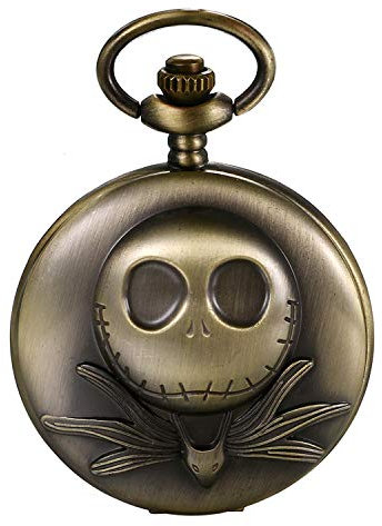 JewelryWe Taschenuhr Herren mit Schädel Totenkopf Skelett & Kreuz Römische Ziffernblatt, Quarz Analog Uhr mit Kette Halskette Halloween Bronze