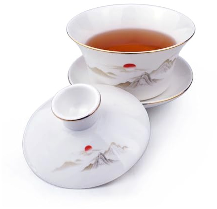 YXHUPOT Gaiwan Teetassen-Set aus weißem Porzellan, groß, 500 ml, Sancai-Teetassen-Set, Deckel, Sonne, schöner Berg, 473 ml