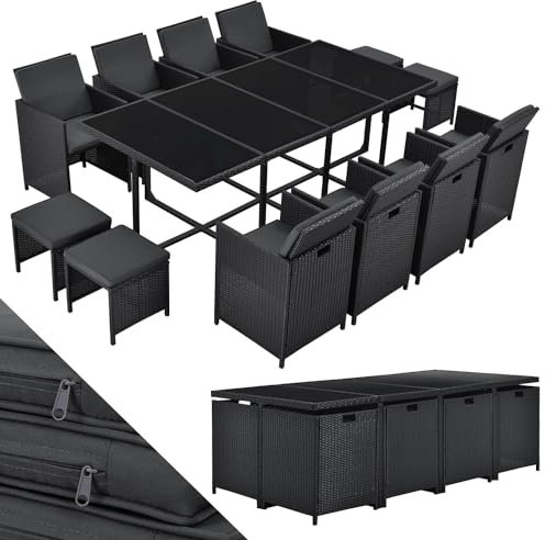 Juskys Groupe de sièges en polyrotin Baracoa XXL 13 pièces résistant aux intempéries et empilable - Ensemble de mobilier de Jardin avec 8 chaises, 4 tabourets et Table - Noir, 12 Personnes