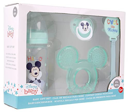 Baby-Geschenk-Set mit Flasche, Schnuller, Schnullerhalter und Beißring | Cool Like Mickey