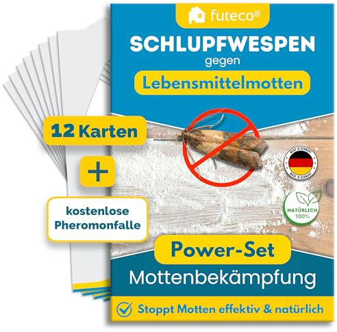 Futeco® - Schlupfwespen gegen Lebensmittelmotten - 12 Karten (4 Karten á 3 Lieferungen) + 2X Pheromonfalle - Power-Set - Motten erfolgreich bekämpfen - Alternative zu Mottenspray, Mottenfalle