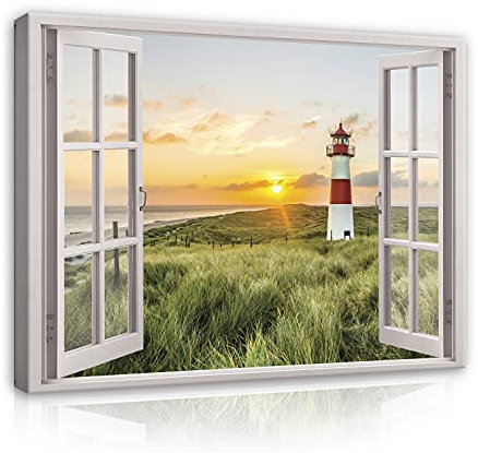 WallArena - Leinwand Bilder - Fensterblick Strand Leuchtturm Fenster - 80x60 cm Leinwandbilder - Bild auf leinwand - Wandbild XXL groß Wandbilder für Wohnzimmer Schlafzimmer Wohnzimmerbilder Modern