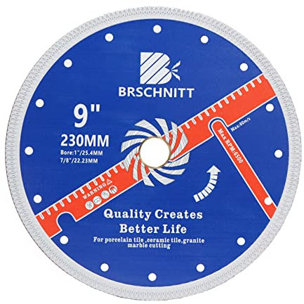 Super Thin Diamond Porcelain Cutting Disc with X Teeth,BRSCHNITT 230mm x Arbor 25.4mm-22.23mm Diamond Disc for Dry/Wet Cutting Porcelain Tile Ceramic Marble Granite
