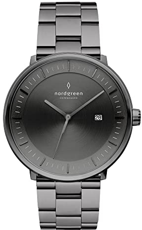 Nordgreen Philosoph skandinavische Armbanduhr mit gebürstetem Metall-Zifferblatt und austauschbarem Armband, 3-Link Strap, 36mm