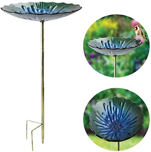 My Garden Glass Bird Bath 66CM Freestanding Flower Shaped Bowl & Forked Stake Bath Bowl Ideal for Outdoor Gardens, Patios & Wildlife Feeding Stations (Blue Ripple)
