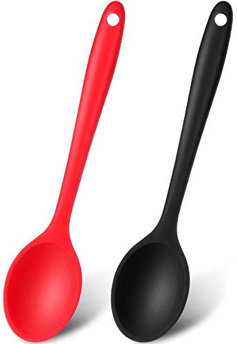 SHANHUHAI 2 Stücke Kleine Silikon Löffel Antihaft Küchen Löffel Silikon Servierlöffel Rührlöffel für Küche Kochen Backen Rühren Mischen Werkzeuge (Rot und Schwarz)