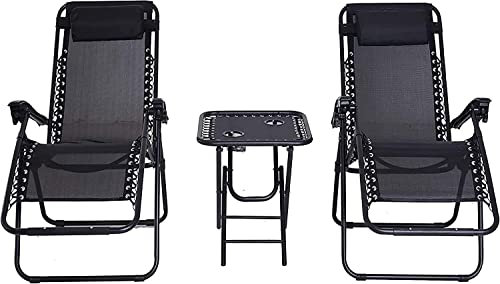 HMWD Set Of 2 Folding Garden Chairs With Cup And Phone Holder, Zero Gravity Reclining Sun Loungers Outdoor, Adjustable, Textiline, Portable Recliner - Black
