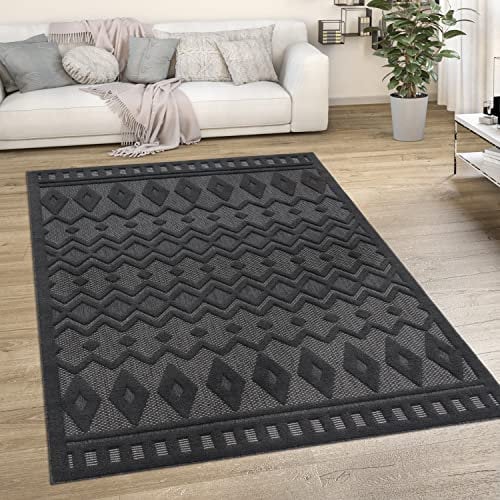 Paco Home Outdoor Teppich wetterfest & langlebig Moderne Boho-Designs mit 3D-Effekt Skandi-Look UV-beständig & robust für Balkon, Garten, Wohnzimmer & Küche, Grösse:120x160 cm, Farbe:Anthrazit 3