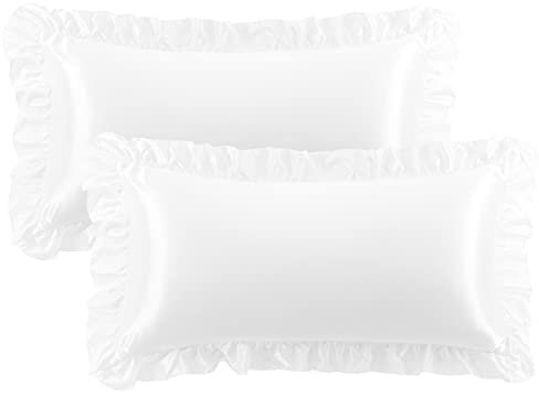 PiccoCasa 2er Set Kissenbezug Satin Kissenbezüge mit Romantischen Rüschen Kopfkissenbezug Uni Glatt Glänzend Kissenhülle mit Hotelverschluss Weiß 40×80cm