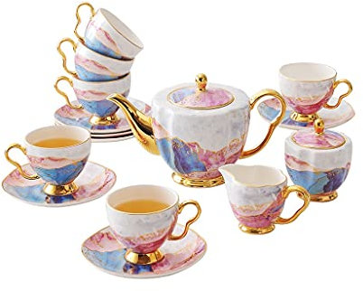 Théière de Style Court en Porcelaine, Ensemble de Tasses à café, Service à thé de l'après-midi, Tasses à café, Tasse et Soucoupe, Pot à Sucre, Pot à Lait