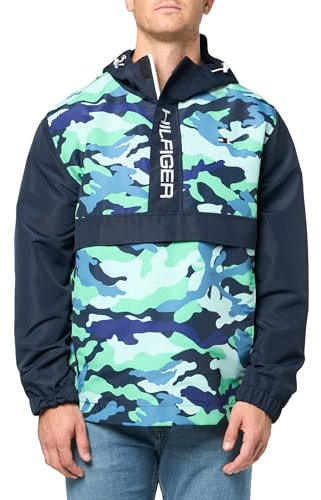 Tommy Hilfiger Veste coupe-vent rétro légère à capuche Taslan imperméable pour homme, bleu/vert camouflage, taille L, Camouflage bleu/vert, Large