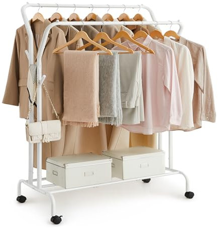 SONGMICS Kleiderständer auf Rollen, 2 Kleiderstangen, Garderobenstange, Garderobenständer aus Stahlrohren, bis 100 kg belastbar, 103,5 cm breit, multifunktionale Aufbewahrung, weiß HSR107W01